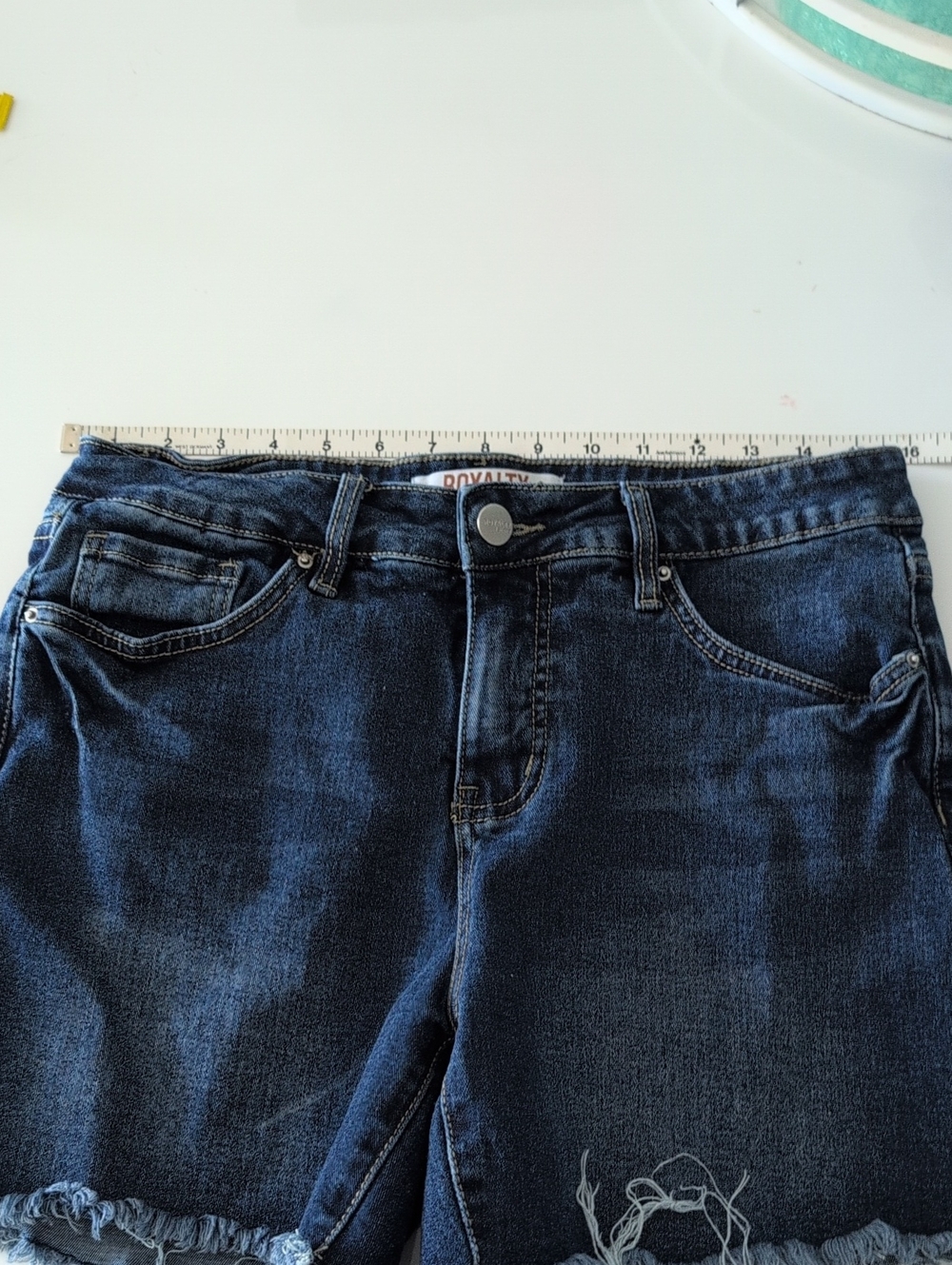Denim Jean Frayed Hem Shorts Sz 10 Tummy Control Stars & Stripes Royalty For Me - Picture 8 of 12